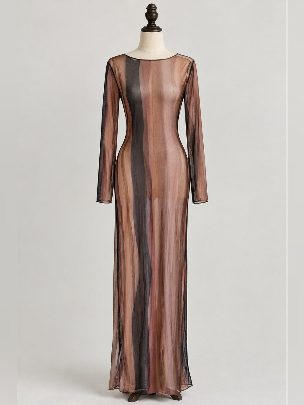 Sheer Long-Sleeve Maxi Swim Cover-Up - Multi Brown Stripe - Size M